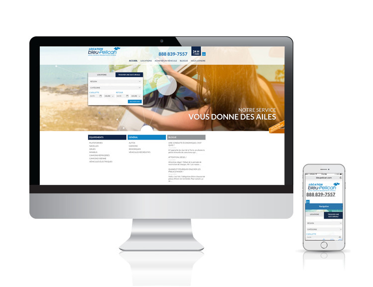 Site web de Location Bleu-Pelican affiché sur un écran d'ordinateur et un téléphone mobile avec formulaire de réservation.