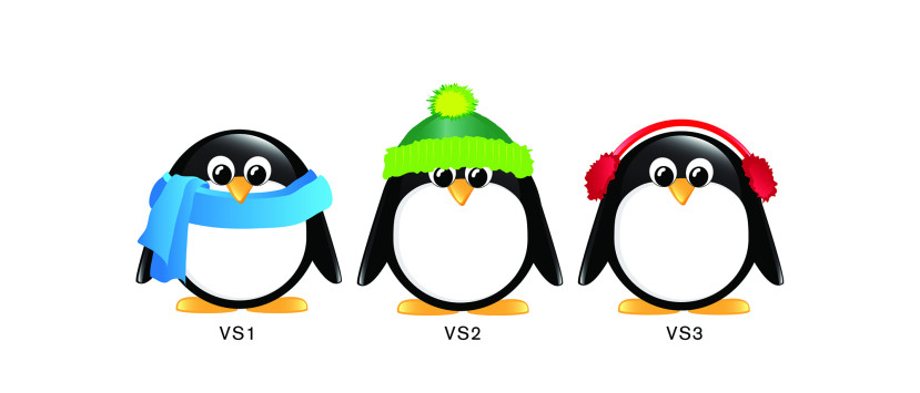Trois pingouins dessinés avec accessoires d'hiver : écharpe bleue, tuque verte et cache-oreilles rouges.