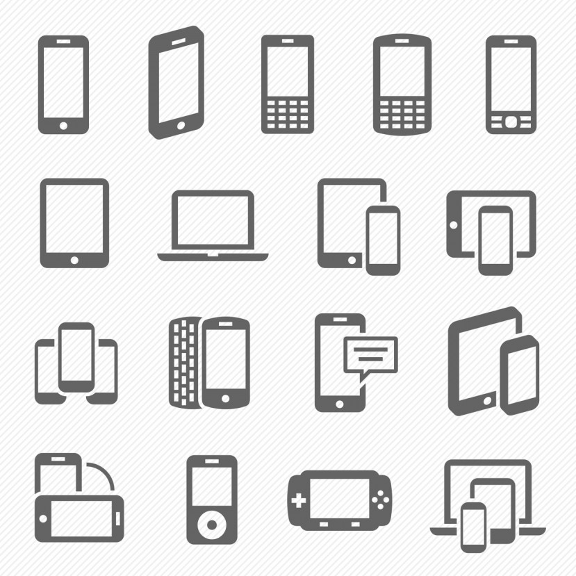 Icônes grises représentant divers appareils électroniques comme téléphones, tablettes, ordinateurs portables et consoles de jeu.