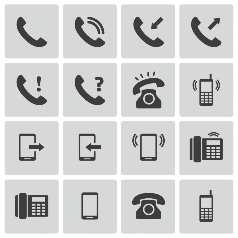 Icônes noires de téléphones et smartphones sur fond gris, représentant appels, messages et téléphones fixes.