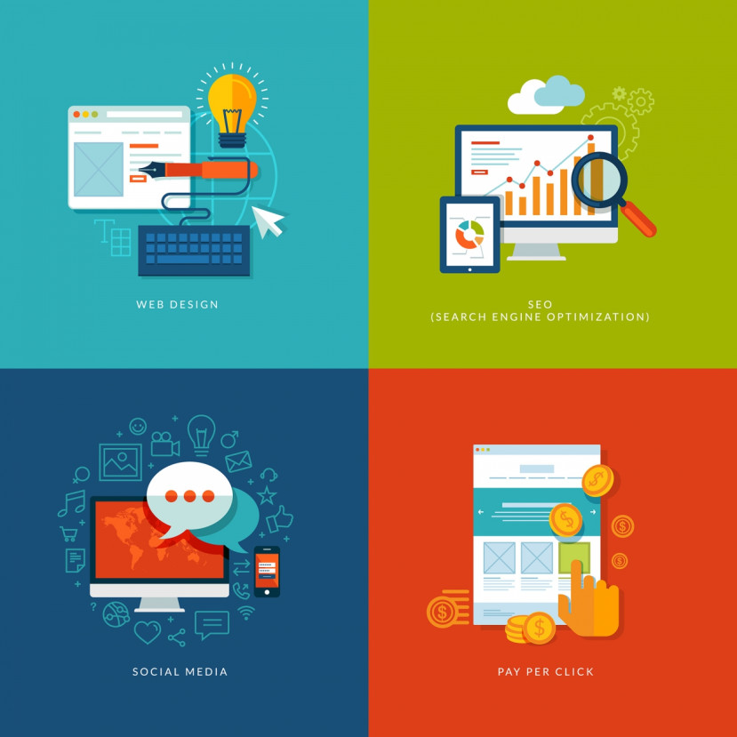 Illustrations divisées en quatre sections montrant conception web, SEO, médias sociaux et paiement par clic.