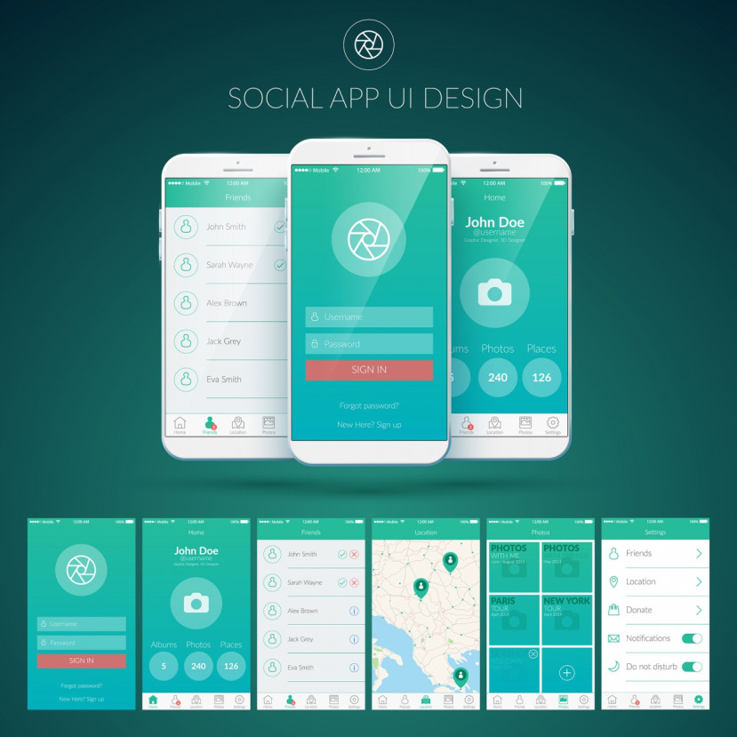 Interface d'application sociale avec écran de connexion, profil utilisateur, liste d'amis et carte interactive.
