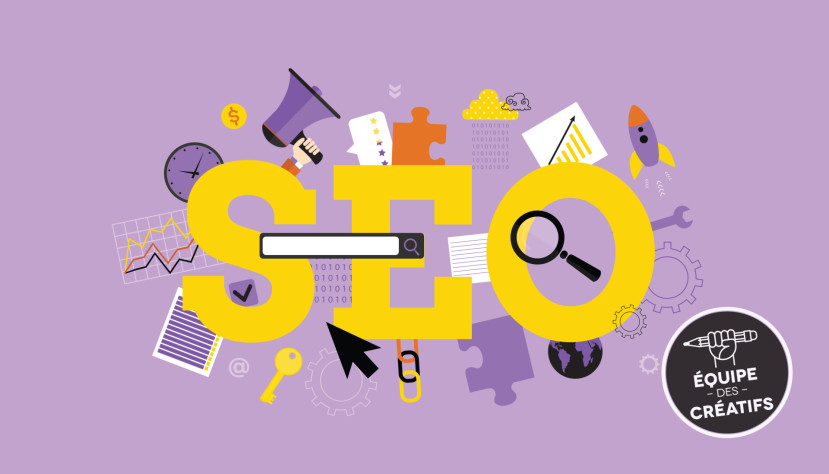 Lettres SEO jaunes entourées d'icônes marketing et outils numériques sur fond violet.